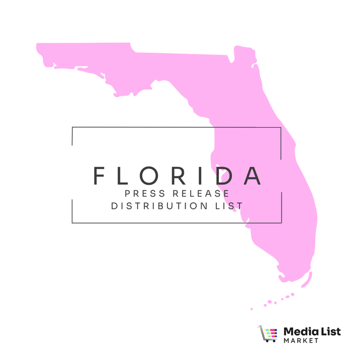 Product image of the state of Florida in pink with the text: Florida Press Release Distribution List and the Media List Market icon and text logo in the bottom right corner