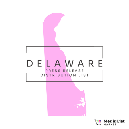 Delaware Press Release Distribution List product preview showing a spreadsheet with media outlet names, contact emails, publication types, and city coverage across Delaware